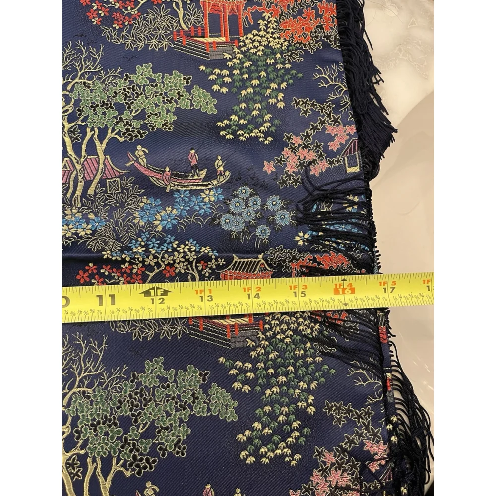 NOS Set of 2 Asian Blue Brocade Pillow Covers Fringe Trim 16.5x16.5 Pagoda